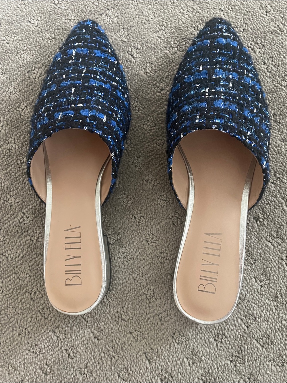 Blue Tweed Pointed-Toe Slip-On Mules